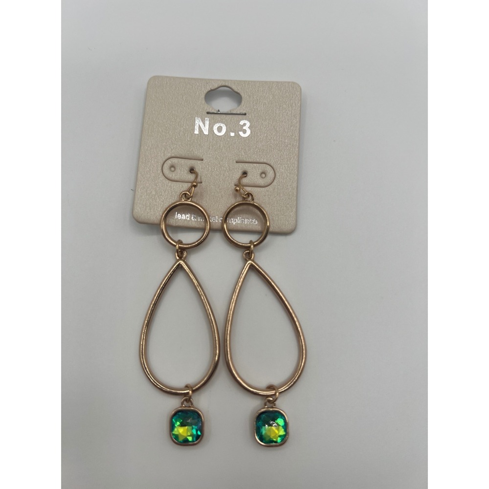 No. 3 Gold Tone Teardrop Dangle Earrings with Green Crystal Charm VE8408GDBK-1